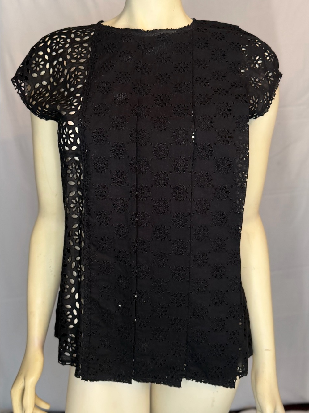 Nina Ricci Black Eyelet Lace Cap Sleeve Blouse